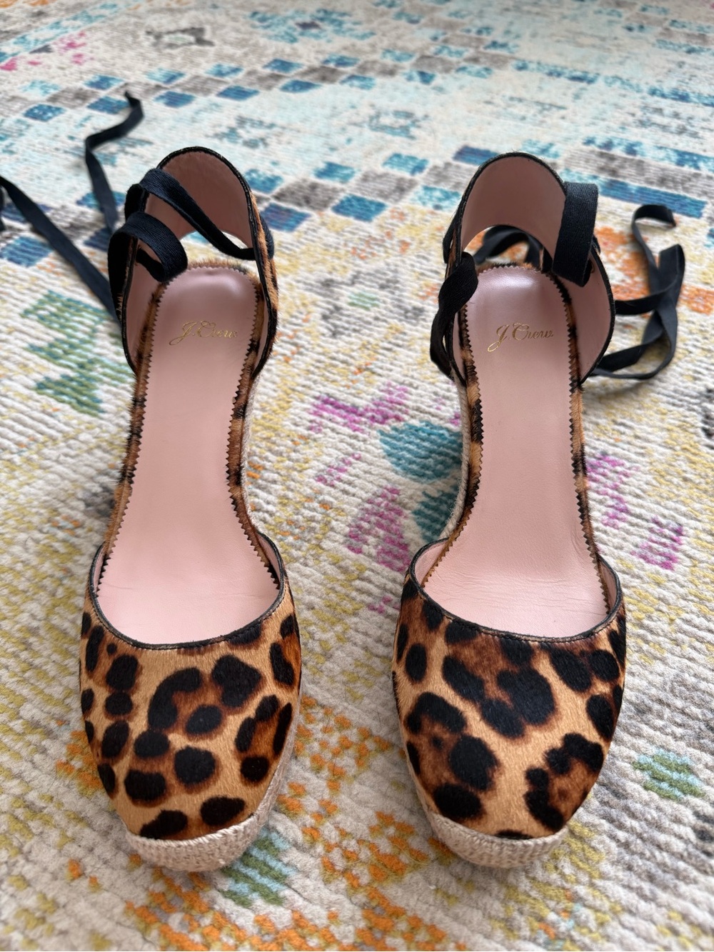 J. Crew Leopard Print Espadrille Wedges with Black Ankle Ties